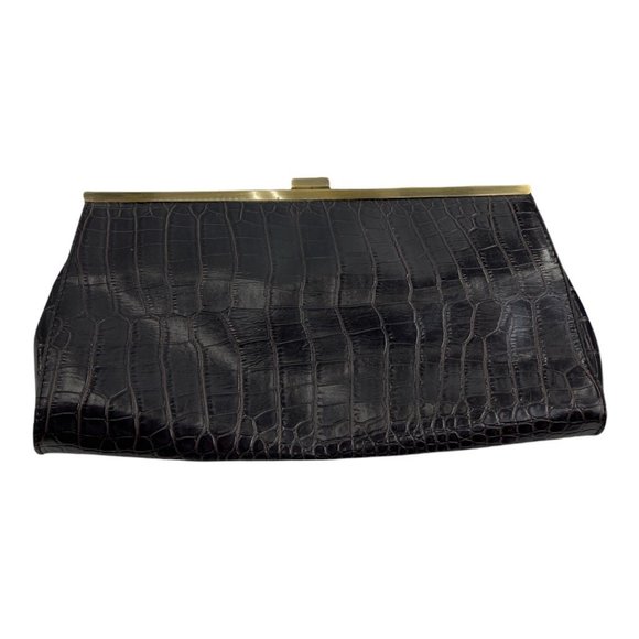 Jessica Mcclintock Womens Clutch Handbag Black Crocodile Embossed Pocket Clasp S - Picture 1 of 8